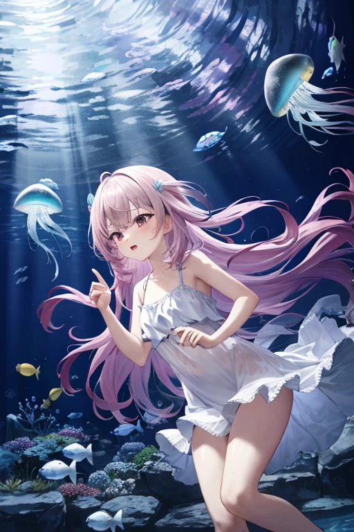 jellyfish、光るjellyfish、Aquarium、Tropical fish、colorfulな魚、girl、In the water、Spreading hair、Aquarium、Light pink transparent hair color、Gradient Hair、colorful、Beautiful colors、Neon color、Rainbow-colored