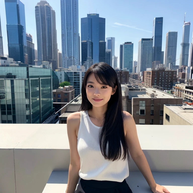 Asian girl, in the rooftop, city view, ultra realistic