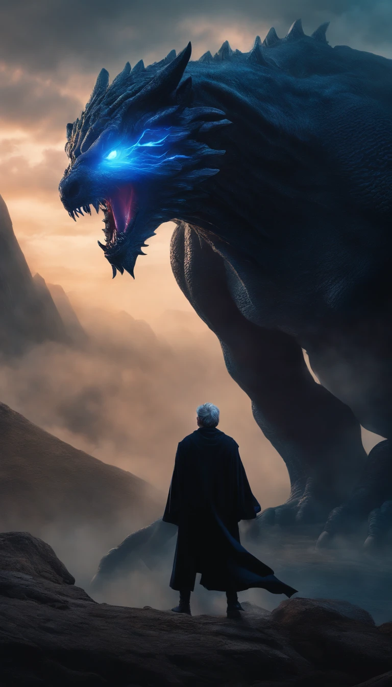 8k, a young male wizard with black clothes with grey short hair with blue aura from his hand, facing a giant tall monster with invisibility in the background