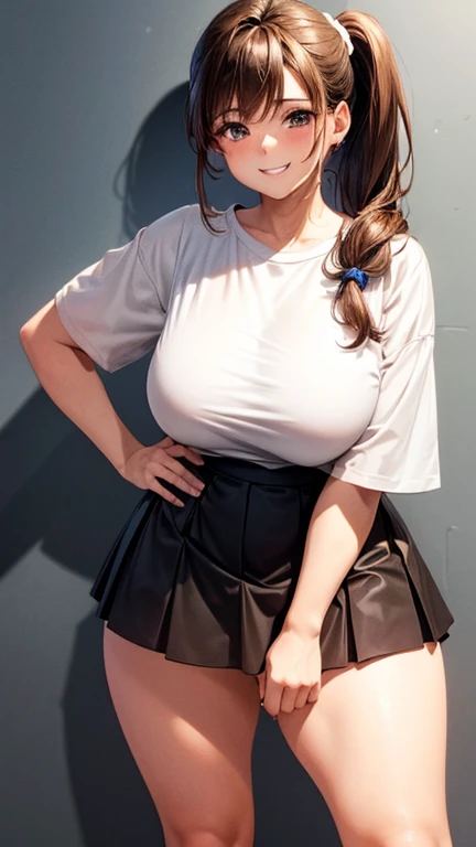 Highest quality, 8K quality, Masterpiece, Two busty women standing side by side, (Super big breasts compressed by clothes:1.2), Whitening skin, Sparkling Blue Eyes, Sailor collar uniform, (Pleated skirt), Above the knee, Skirtliftv1, (Deep and wide booty with hands:1.2), (A frontal shot that emphasizes her huge breasts), (White panties), grabbing own ass, skirtlift