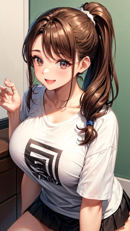2 female,22 years old,brown hair,beautiful low ponytail hairstyle, (miniskirt and large white shirt, (double huge breasted,under bust:1), short sleeve, natural smile,,(slouch)