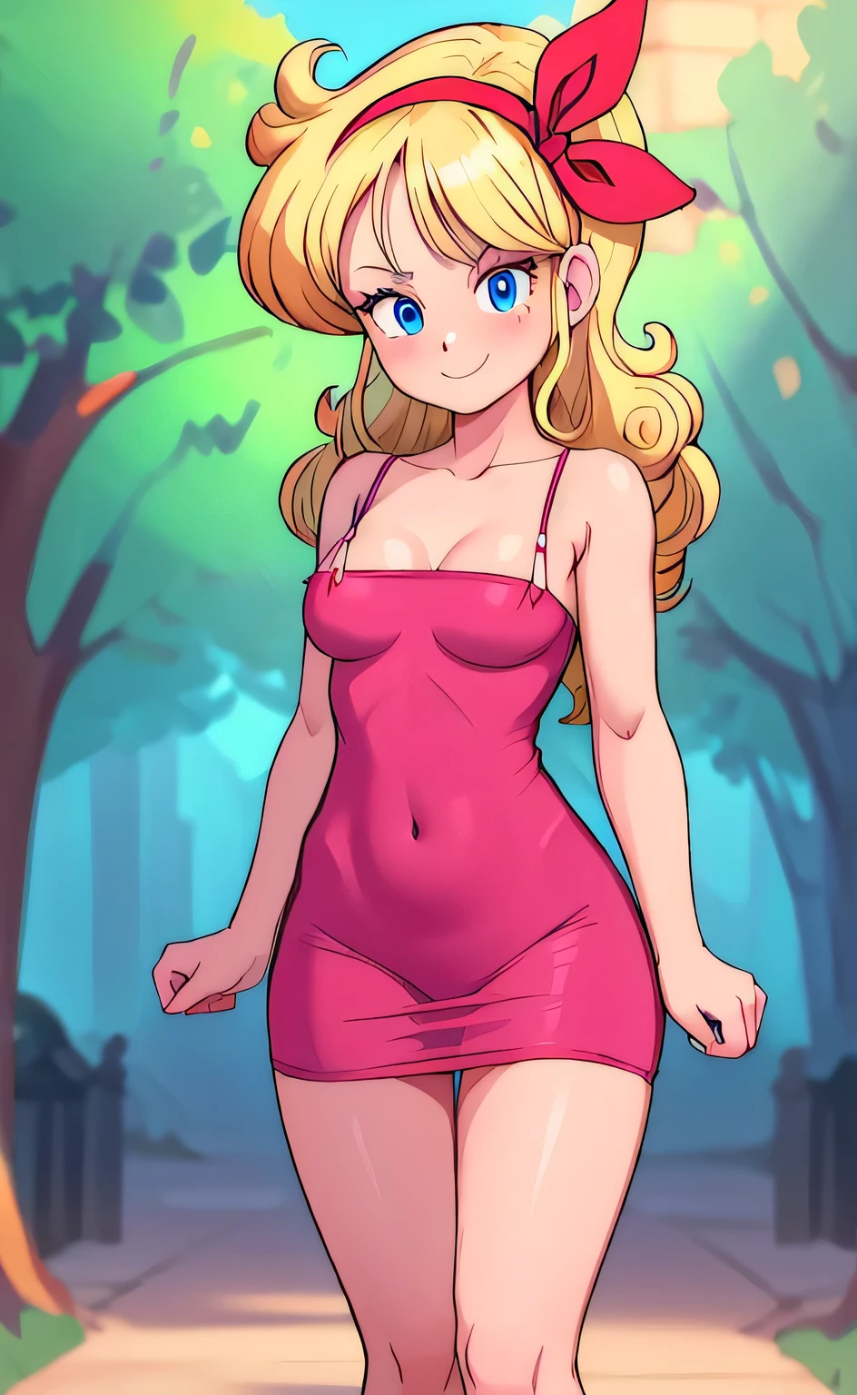 ((masterpiece, best quality)), insaneres, absurdres, solo, looking at viewer, BlondeHair_BadLaunch_ownwaifu, 1girl, long hair, blonde hair, curly hair, hair ribbon, blue eyes, medium breasts, red hairband, eyelashes, bangs, bare shoulders, collarbone, little dark pink tight dress, t3ghtdr3ss, bare legs, outdoors, depth of field, vanishing point, arms at sides, (contrapposto), smile