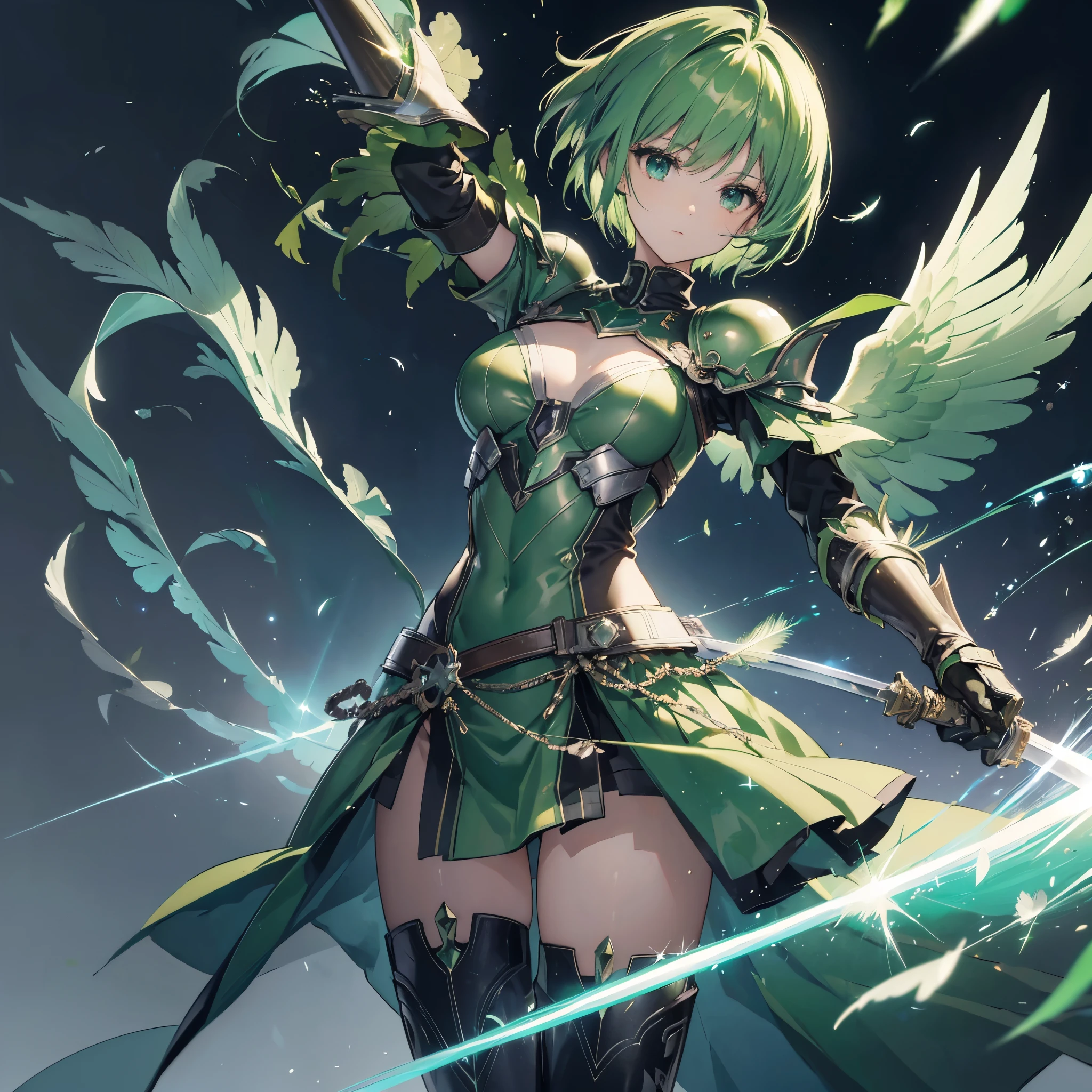 ((high resolution Green Hair Short Hair Iron Armor Angel of Victory Lonely despair)) ((night Western style chest Shining Aura gloves)) (Big feather Dance Blade of Light Holding a sword long Slashing) night moon star Slashing Catch the wind
