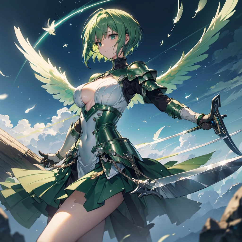 ((high resolution　Green Hair　Short Hair　Iron Armor　Angel of Victory　Lonely　despair))　((night　Western style　chest　Shining Aura　gloves))　(Big feather　Dance　Blade of Light　Holding a sword　long　Slashing)　night　moon　star　Slashing　Catch the wind　