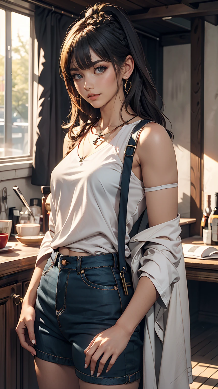 (masterpiece:1.3), (8K, Photorealsitic, Raw photography, top-quality: 1.4), (1girl in), A pretty woman with perfect figure:1.4, cute face, beautiful countenance, (Lifelike face), Beautiful hairstyle, realisticeyes, beautiful detail, (real looking skin), Beautiful skins, enticing, The ultra -The high-definition, A hyper-realistic, ighly detailed, (small tits:1.3), (cleavage of the breast:0.8)、White button-up shirt、a belt、Black leather tight skirt、Like Emily O'Hara Ratajkowski Japan, Semi-long curly hair、bangss、(Brown hair、small tits1.3)、(Modern architecture in background)、(slim figure))、Kojiri、(narrow areola、small areolas)、(perfectly shaped )、(small and beatiful model pose、is standing