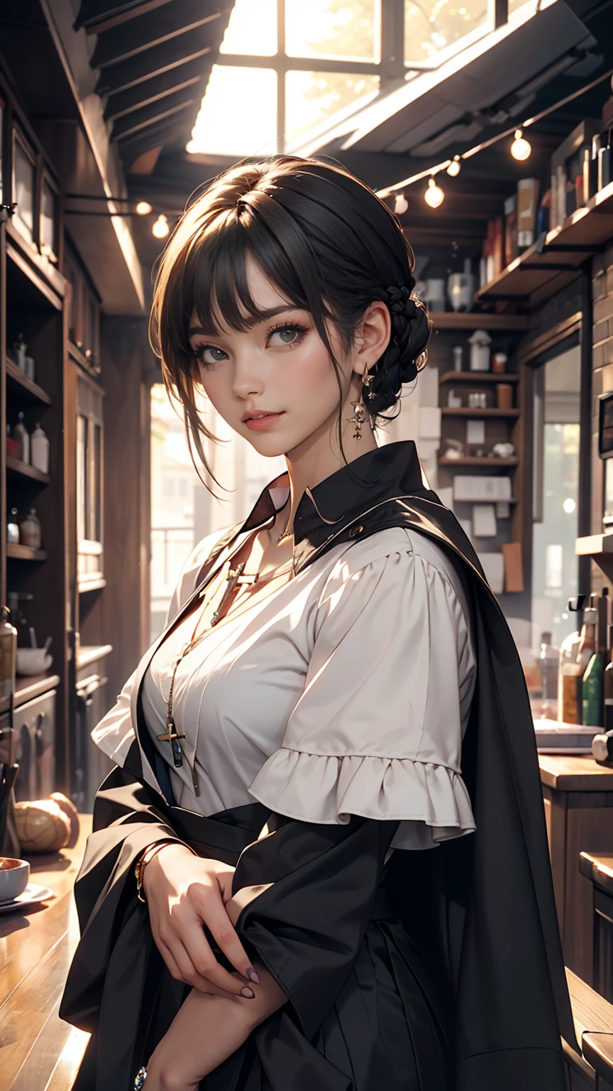 最high quality, 8k, masterpiece: 1.3, Ultra HD, high quality, 最high quality, High resolution, realism)) 、thin、thinだがアスリートのような細マッチョ、I'I don't want my head to disappear from the screen..、Wear accessories on your wrist、Wearing red nail polish、Having a pedicure、Near and far in the air((Atmospheric perspective))、smile((smiley))、Background Blur((Depth of written boundary)、White Cross halter neck((Cross halter neck))Wear a dress、Wear stiletto heels、Crystal Earrings((Crystal Earrings))、Chest pocket、Standing with weight on an old concrete wall in an alley、Cross your arms、Breasts on arms、The blue sky is visible between the buildings、Side braids((Side braid))