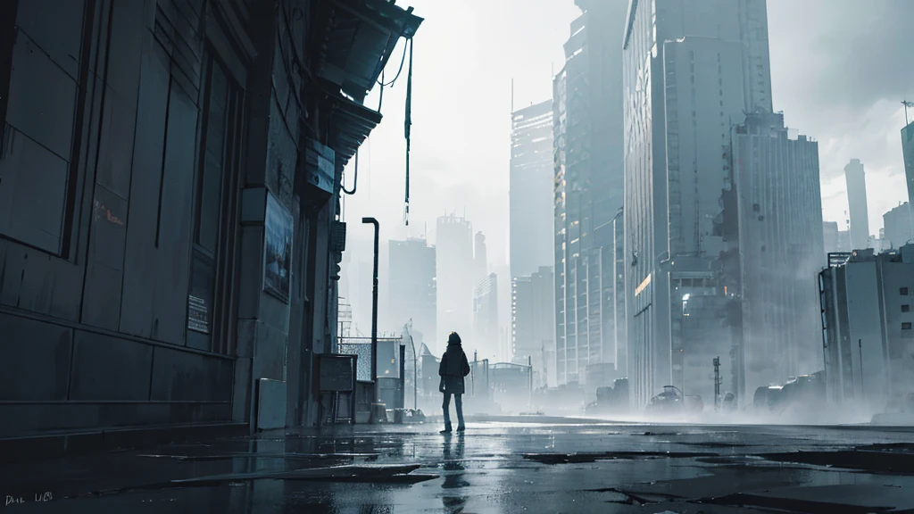 Imagina un paisaje urbano futurista, oscuro y lluvioso. En el centro de la imagen, hay un hombre solitario, con la cabeza baja y los hombros encorvados, caminando bajo la lluvia. Dim, diffuse neon lights illuminate the scene, but they fail to dispel the feeling of desolation. En el fondo, rascacielos distantes se elevan hacia el cielo cubierto de nubes grises, adding to the melancholic atmosphere. La lluvia cae en un ritmo constante, creating a monotone sound that reinforces the feeling of loneliness and sadness.