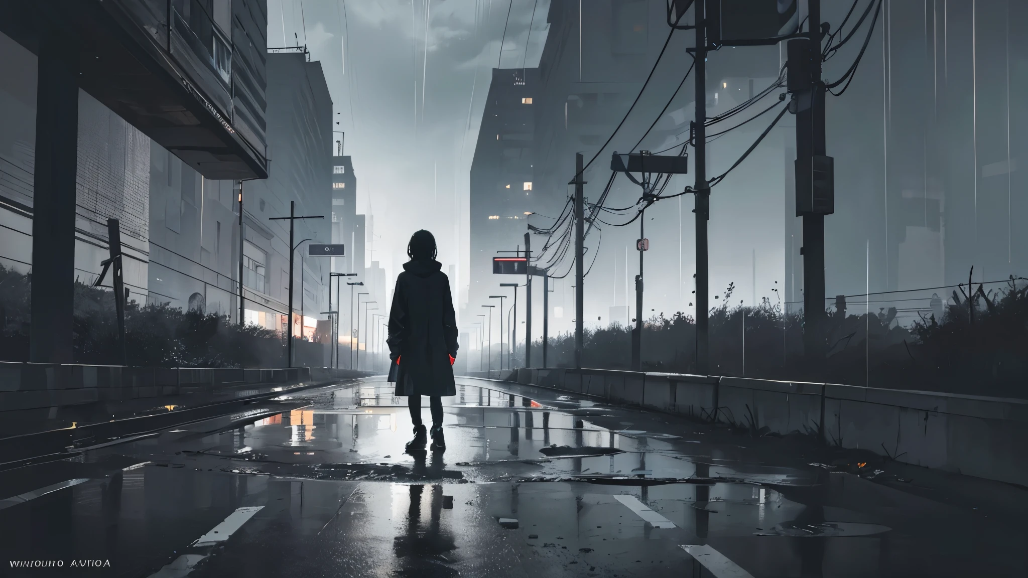 Imagina un paisaje urbano futurista, oscuro y lluvioso. En el centro de la imagen, hay un hombre solitario, con la cabeza baja y los hombros encorvados, caminando bajo la lluvia. Dim, diffuse neon lights illuminate the scene, but they fail to dispel the feeling of desolation. En el fondo, rascacielos distantes se elevan hacia el cielo cubierto de nubes grises, adding to the melancholic atmosphere. La lluvia cae en un ritmo constante, creating a monotone sound that reinforces the feeling of loneliness and sadness.