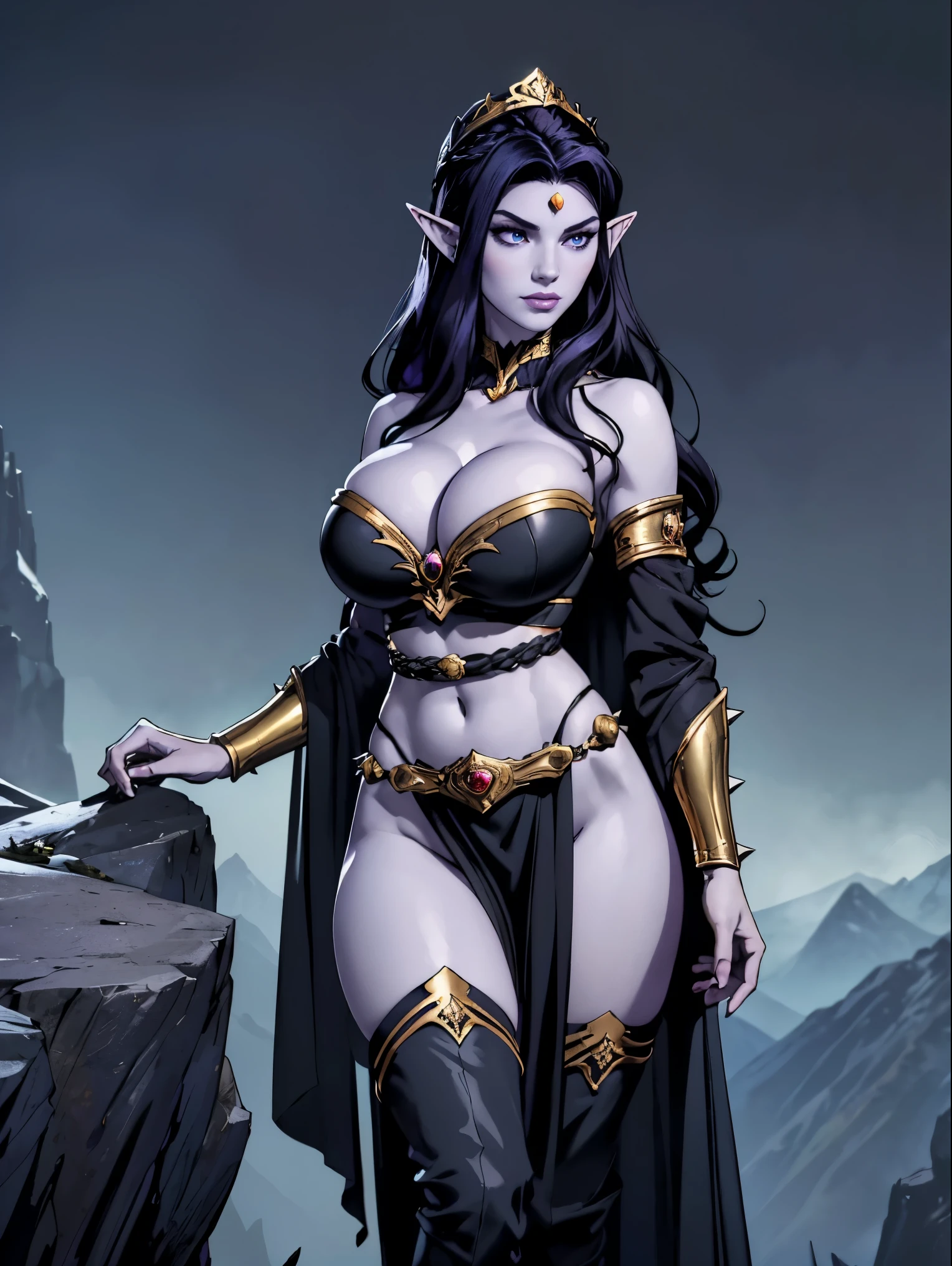 (masterpiece, top quality, best quality, official art, beautiful and aesthetic:1.2), (1girl:1.3), ((Sharp facial features, sharp features, hawkish features)), ((big hair, long elf ears, long black hair)), (((pale purple skin, pale blue skin, blue skin, purple skin))), big tiddy dark elf girl, extremely detailed, portrait, looking at viewer, solo, (full body:0.6), detailed background, full-body shot, (cold night mountain theme:1.1), dark elf war dancer, (spiky winged headdress), charlatan, smirk, mysterious, swaying in mountains, skimpy attire, revealing gladiatrix costume, ebony metal, gold filigree, gold bikini, circlet, metal bikini, long boots, dual knives, blood red fabric, pelvic curtain, loincloth, black leather, ((((huge hairdo, gigantic breasts, cleavage, skindentation, long legs, pelvic curtain)))), cute belly button, toned tummy, slim waist, slim hips, long legs, medieval (mountain exterior:1.1) background, dark mysterious lighting, shadows, magical atmosphere, dutch angle