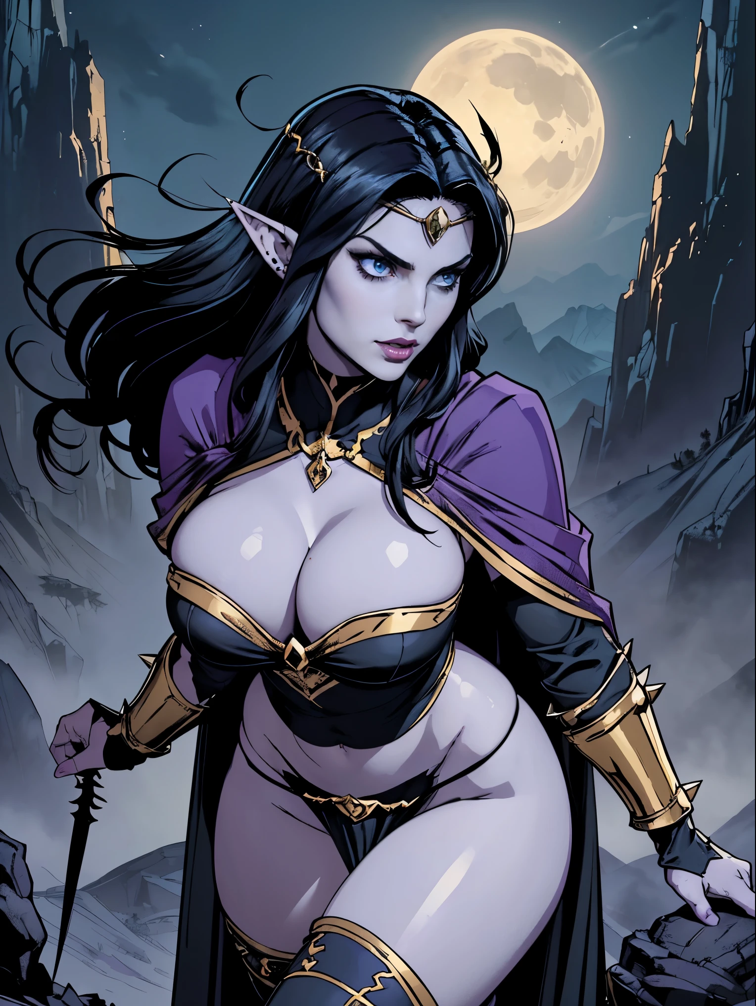 (masterpiece, top quality, best quality, official art, beautiful and aesthetic:1.2), (1girl:1.3), ((Sharp facial features, sharp features, hawkish features)), ((big hair, long elf ears, long black hair)), (((pale purple skin, pale blue skin, blue skin, purple skin))), big tiddy dark elf girl, extremely detailed, portrait, looking at viewer, solo, (full body:0.6), detailed background, full-body shot, (cold night mountain theme:1.1), dark elf war dancer, (spiky winged headdress), charlatan, smirk, mysterious, swaying in mountains, skimpy attire, revealing gladiatrix costume, ebony metal, gold filigree, gold bikini, circlet, metal bikini, long boots, dual knives, blood red fabric, pelvic curtain, loincloth, black leather, ((((huge hairdo, gigantic breasts, cleavage, skindentation, long legs, pelvic curtain)))), cute belly button, toned tummy, slim waist, slim hips, long legs, medieval (mountain exterior:1.1) background, dark mysterious lighting, shadows, magical atmosphere, dutch angle