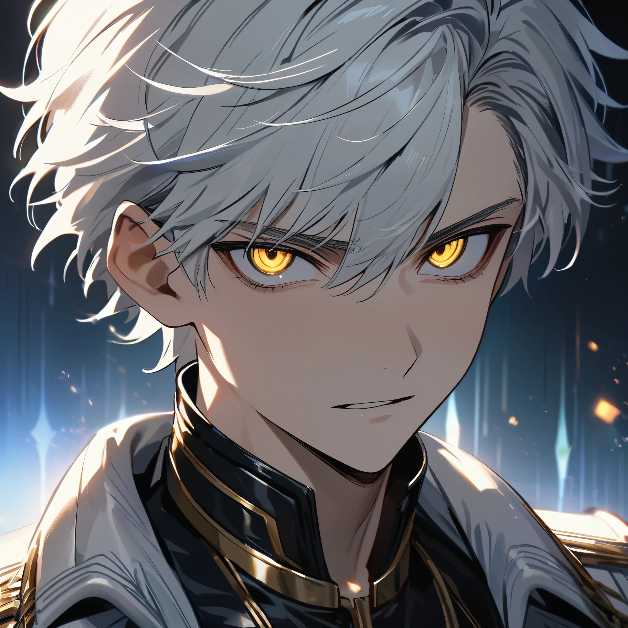 High quality, HD, 4k, handsome male, 1male, , teenager, go lining, short white hair, sharp eyes, gold eyes, devil may cry, close up, calm expression, stoic expression, black leather clothes, white leather clothing, upper body, looking at viewer, cowboy shot, white solar, shining background