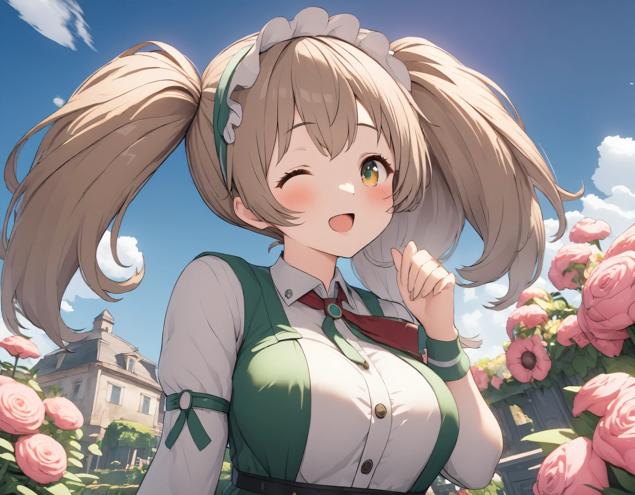 (((Highest quality ultra detailed,Unity 8k))),１girl,emerald eye,beautiful girl,A big smile,(((tareme:1.5))),Twin tails,Medium Hair.straight hair,large breasts,Garden with flowers,{{one eye closed}}, thin eyebrows,