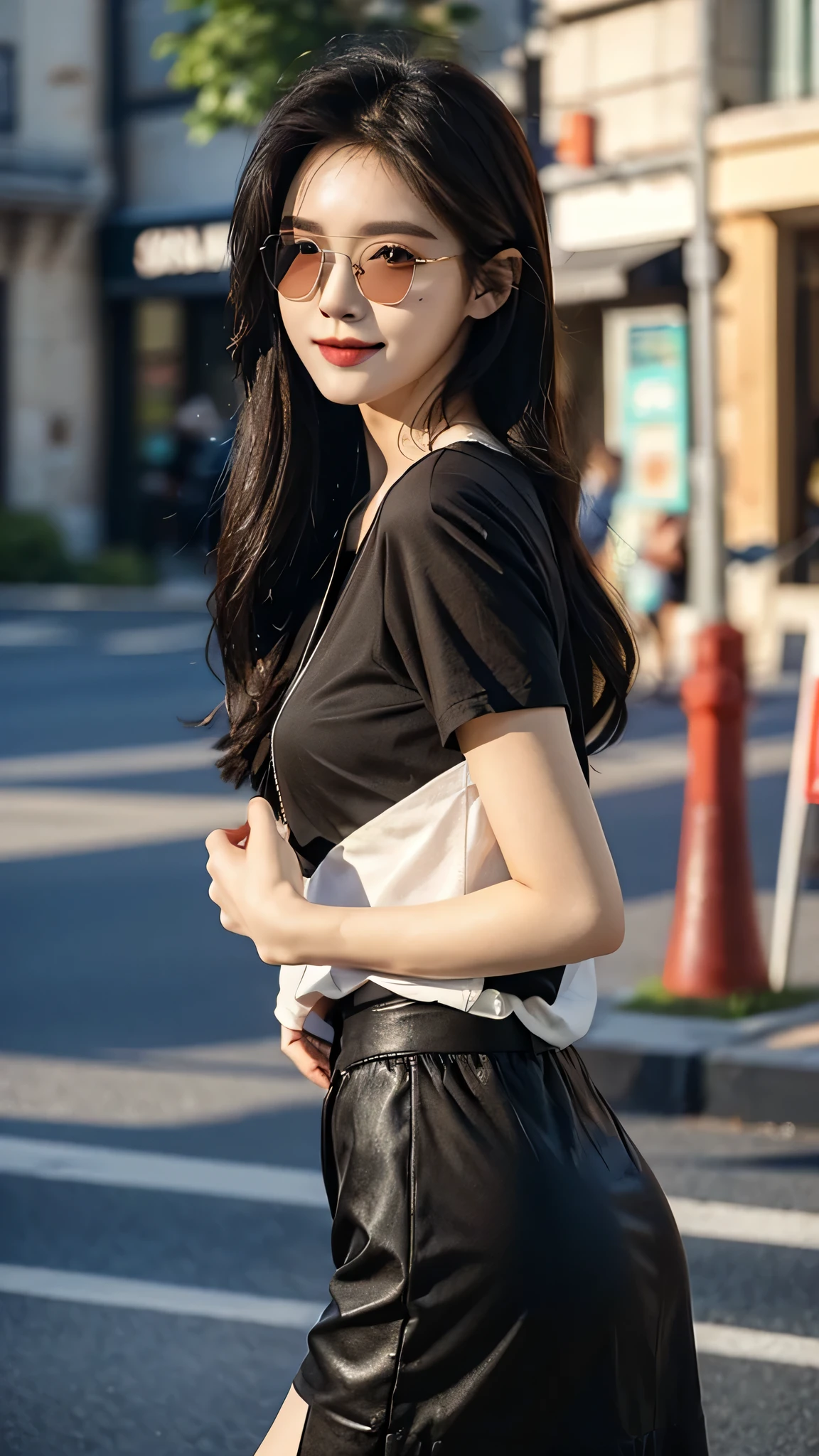 masterpiece、top-quality)、1 beutiful girl、Slim body、((Black and white plain clothes:1.1))、((Wearing black sunglasses )), (Detailed beautiful eyes), ((Detailed skin)) , ((Detailed beautiful hair)), Walk around the store、((Boyish Brown Medium Hair))、((Smaller face))、((Neutral face))、((Face seen from the side))、((Light brown eyes))、((Korean Girl))、((18year old))、((cool lady))、((A shy smile on his face))、((Korean Makeup))、((elongated and sharp eyes))、((Happy dating))、((looking distantly))、((boyish))、((Shot from the same height as your face))、((Shorter than viewer))、((She is running ahead of the viewer))、((Hold your mouth with your hand)), ((CG rendering)), ((Blurred background)), ((deep shadow)), ((16K)), ((Very detailed)), ((wallpaper)), ((depth of field)), ((movie light))