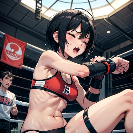 Small breasts. Cute Japanese high school girl with short cut black hair. She is lying down in a mixed martial arts ring. Fighting by grappling. Opposing female fighter is beating her body so hard. She is closing eyes. She is screaming. Very sweaty, slender body, poor body, poor belly, sports bra, bikini pants, open finger gloves.
