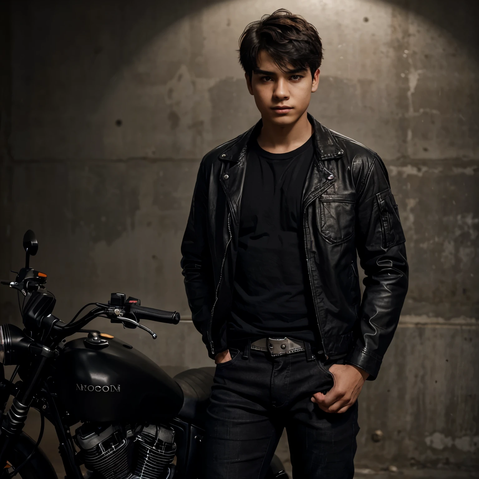 a young boy physically good wearing black shirt jeans that look awsome and dark jacket standing near a motorcycle on him potrait
