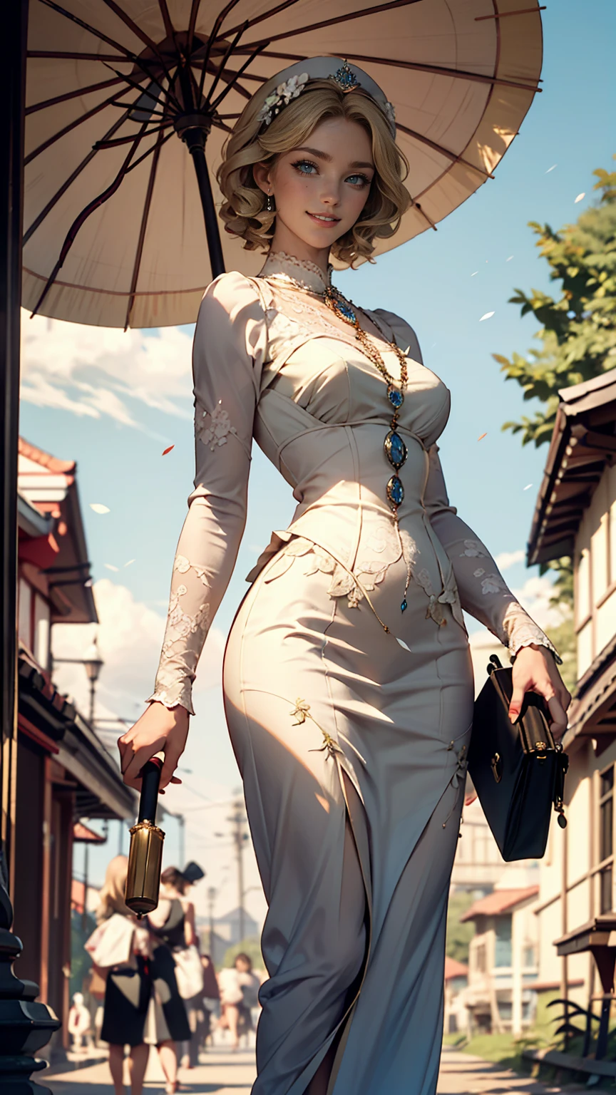 Claude Monet 、stroll、Woman holding a parasol、Edwardian era women、White woman、Blonde、blue eyes、Wavy hair、Smile