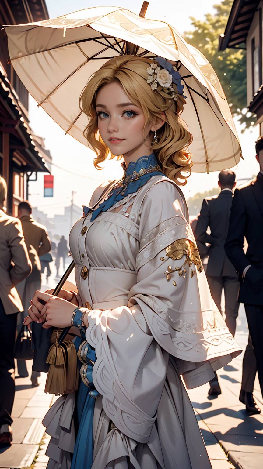 Claude Monet 、stroll、Woman holding a parasol、Edwardian era women、White woman、Blonde、blue eyes、Wavy hair、Smile