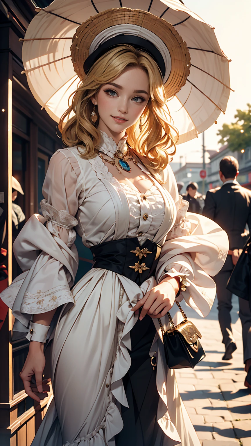 Claude Monet 、stroll、Woman holding a parasol、Edwardian era women、White woman、Blonde、blue eyes、Wavy hair、Smile