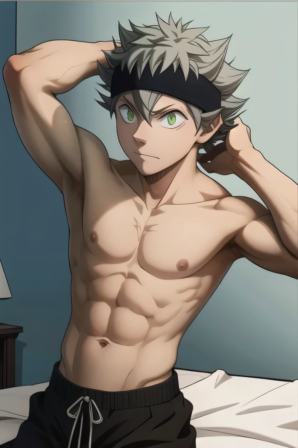 masterpiece, best quality, high quality, 1boy, solo, male focus, shirtless, asta, green eyes, black headband, grey hair, spike hair, lay on bed, hand behind head, side view, waist. 