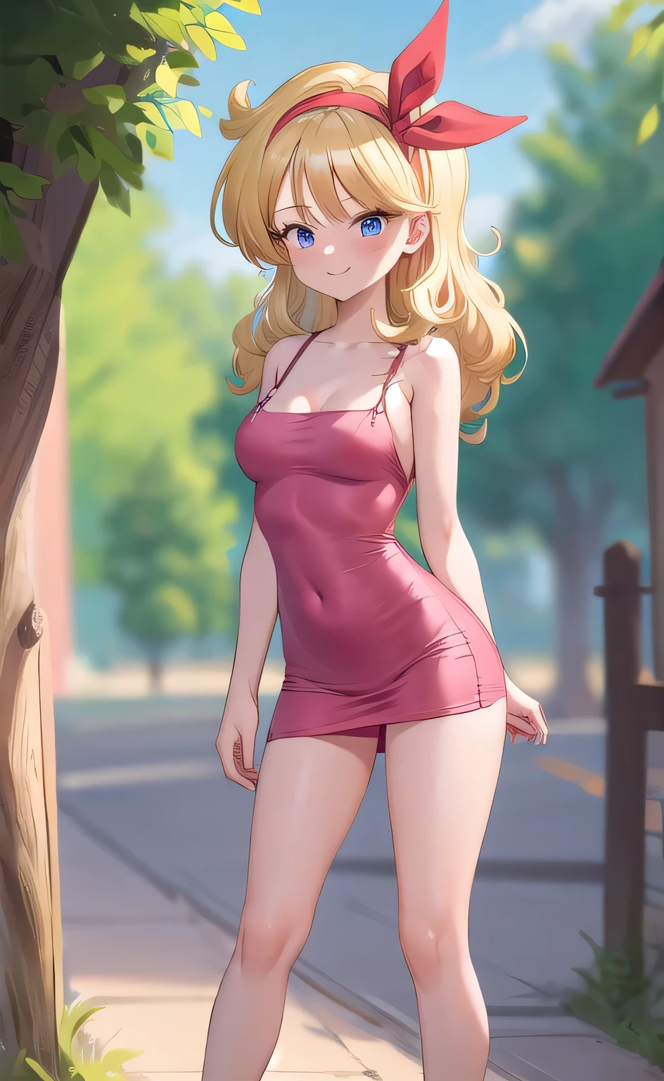 ((masterpiece, best quality)), insaneres, absurdres, solo, looking at viewer, BlondeHair_BadLaunch_ownwaifu, 1girl, long hair, blonde hair, curly hair, hair ribbon, blue eyes, medium breasts, red hairband, eyelashes, bangs, bare shoulders, collarbone, little dark pink tight dress, t3ghtdr3ss, bare legs, outdoors, depth of field, vanishing point, arms at sides, (contrapposto), smile