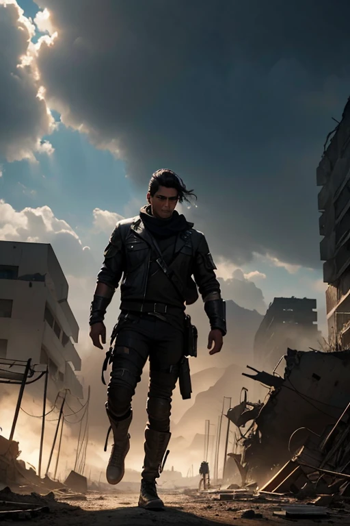 portada de novela, hombre de cabello negro corriendo de costado mientras extiende su brazo derecho al cielo para alcanzar una luz que brilla intensamente, tiene una mascara de gas en la cara, in the background a post-apocalyptic landscape full of destroyed buildings