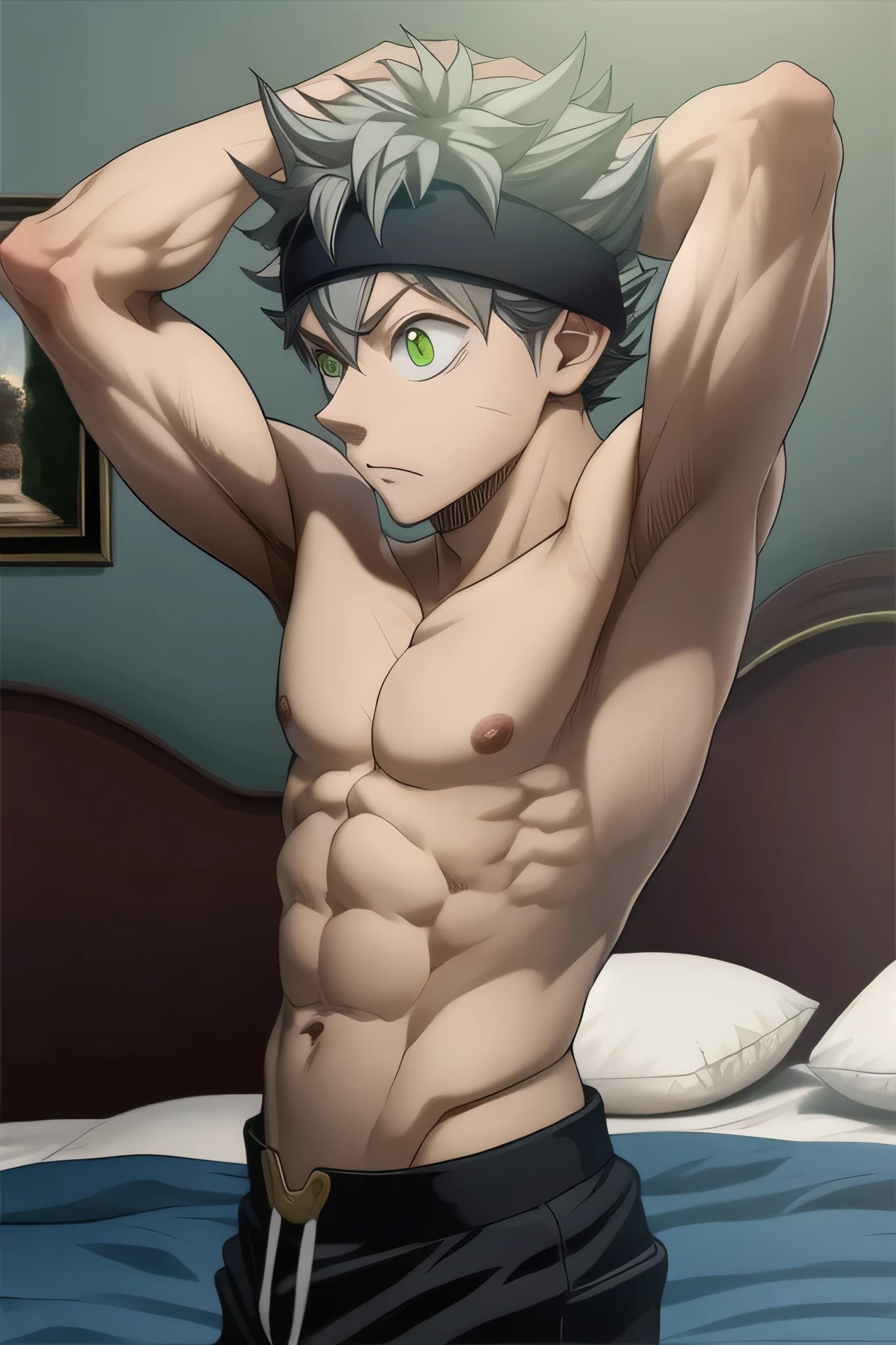 masterpiece, best quality, high quality, 1boy, solo, male focus, shirtless, asta, green eyes, black headband, grey hair, spike hair, lay on bed, hand behind head, side view, waist. 