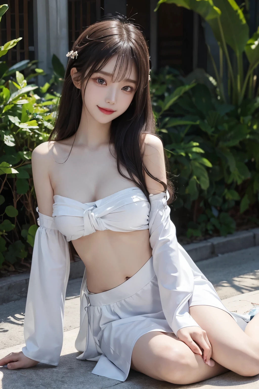(high-level image quality))、(Like a shot with an SLR)、beautiful a girl, ((glamour sensual body))、 ((Beautiful legs)), ((semi-nude looks hanbok)), take a slit in the clothes on the thigh, ((navel exposed)), (little smile), (light is in front of the girl), ((bright shiny face without shadows)), ((slender but big breast)), (off the shoulder)、fantasy background, sitting, look straight ahead,(Hair covers the ears and makes them invisible),((fair skin face face in the light))