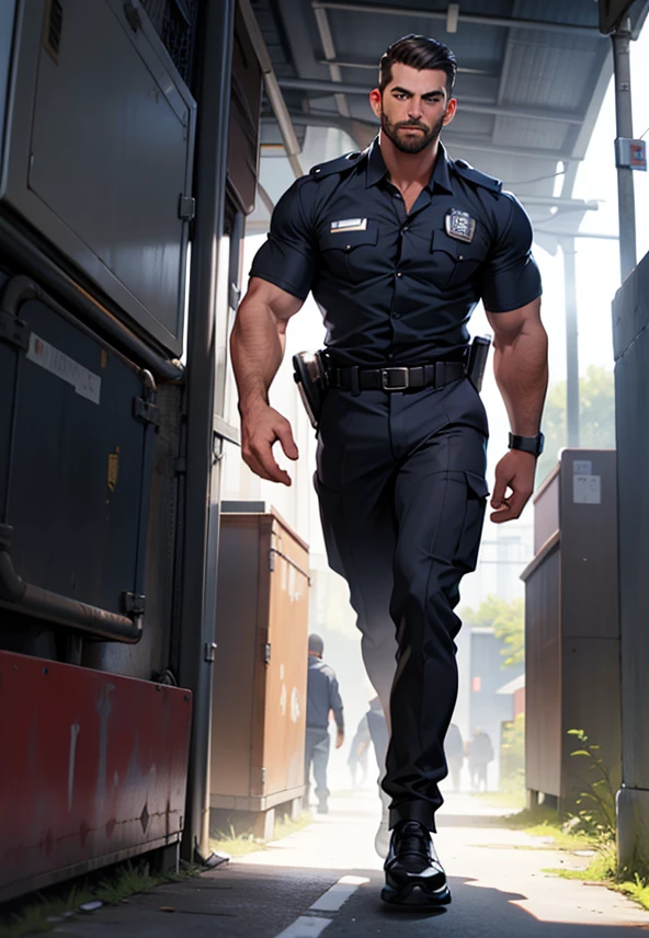 masterpiece, best quality, face, natural eyes, 1man walking, european, big feet, black socks, full body, a man in police uniform , large bulge, long legs, looking at viewer, 30 years old, muscled and mature, slim waist, short haircut, open chest, shirt button undone, blue eyes, flush, orgasm, sweating, tight cloth, standed 