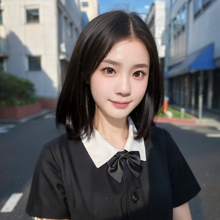(kawaii 24 year-old Japanese girl, Nogizaka idol, Korean idol), (glossy black hair, very short hair, forehead:1.3), (deep black eyes, rounded face, single eyelid, no makeup, soft smiling:1.2), (wearing Japanese highschool uniforms, JK uniform, collaredshirt, bow tie:1.3), (extra small breasts:0.9), (looking at camera:1.3), BREAK, (simple outside background, summer daytime:1.3), (dynamic angle, bust shot:1.3), BREAK, (masterpiece, best quality, photo realistic, official art:1.4), (UHD, 8K quality wallpaper, high resolution, raw photo, golden ratio:1.3), (shiny skin), professional lighting, physically based rendering, award winning, (highly detailed skin, extremely detailed face and eyes), Carl Zeiss 85 mm F/1.4, depth of field, 1girl, solo,