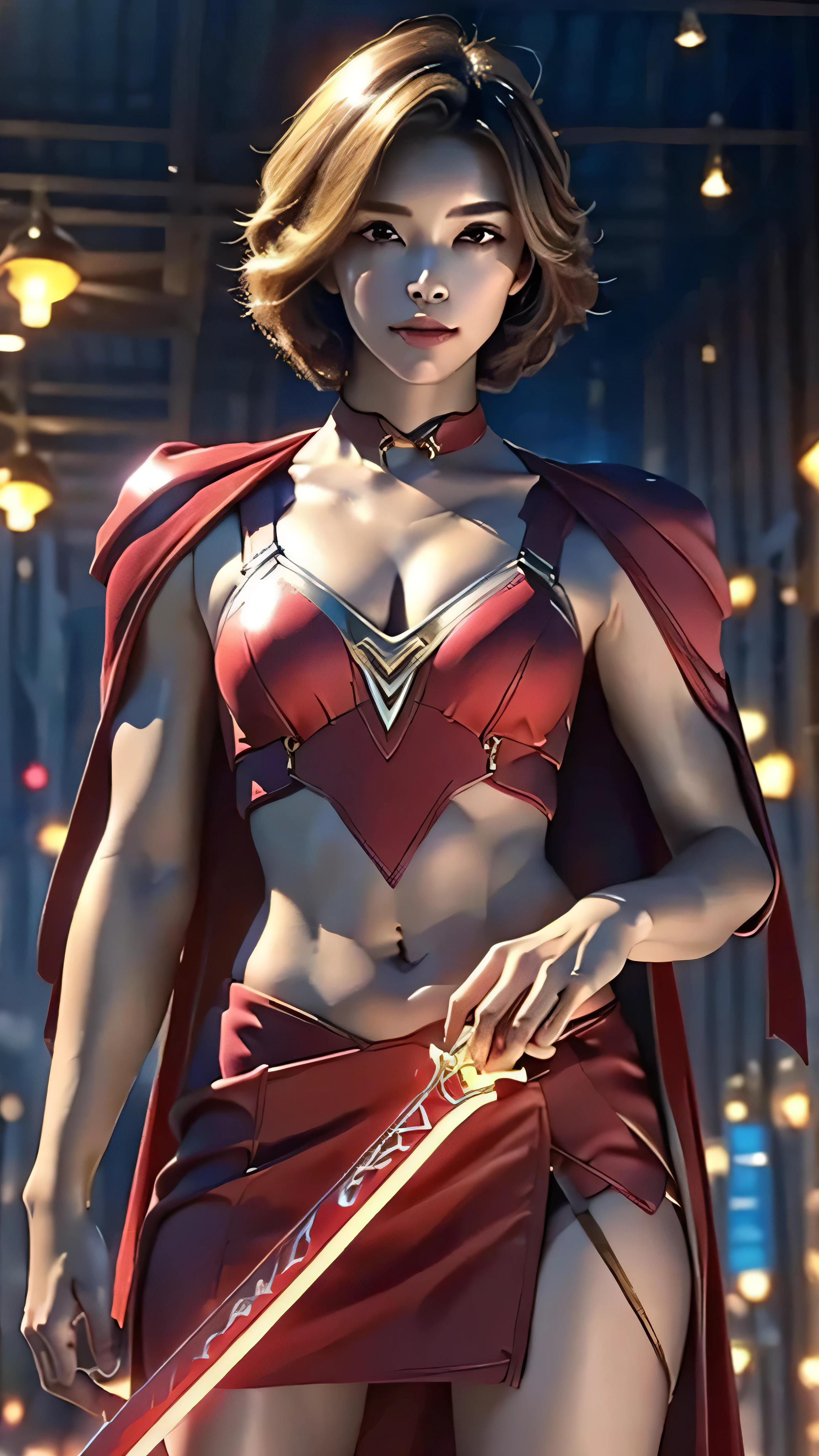 8K, Ultra Realistic CG K, Realistic:1.4, Skin Texture:1.4, Masterpiece:1.4, Beautiful woman in hero's costume standing in front of apocalyptic fire city posing behind, Female hero appears, holding shiny sword in hand, showing  muscle belly, red mini skirt , beautiful thin hands, cape Beautiful woman with short cut blonde hair