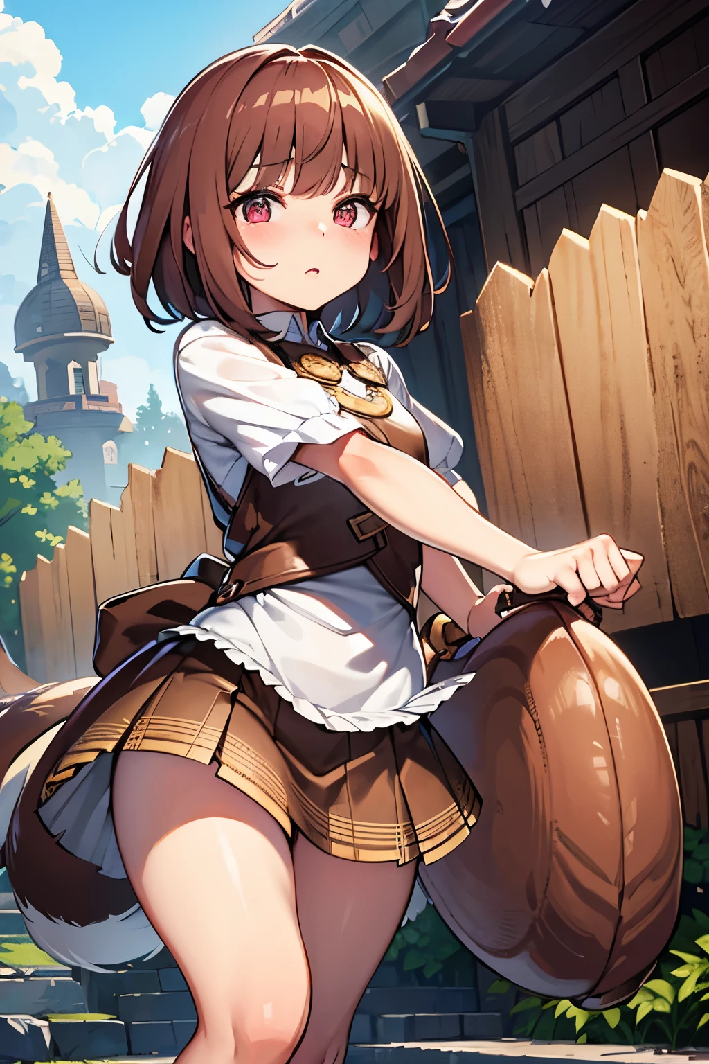 Particularly distinctive are Blunt bangs,Blunt bangs, chin length, without vertical parting,Pinkish-Brown hair and large gold-brown tinted eyes,Soft skin tone with a hint of blush on the cheeks,A small nose and a lively,Wearing a blouse with a white collar and a blue apron,Pose running forward,Threatening expression,background pure white,Monster Hunter style、Have a hammer