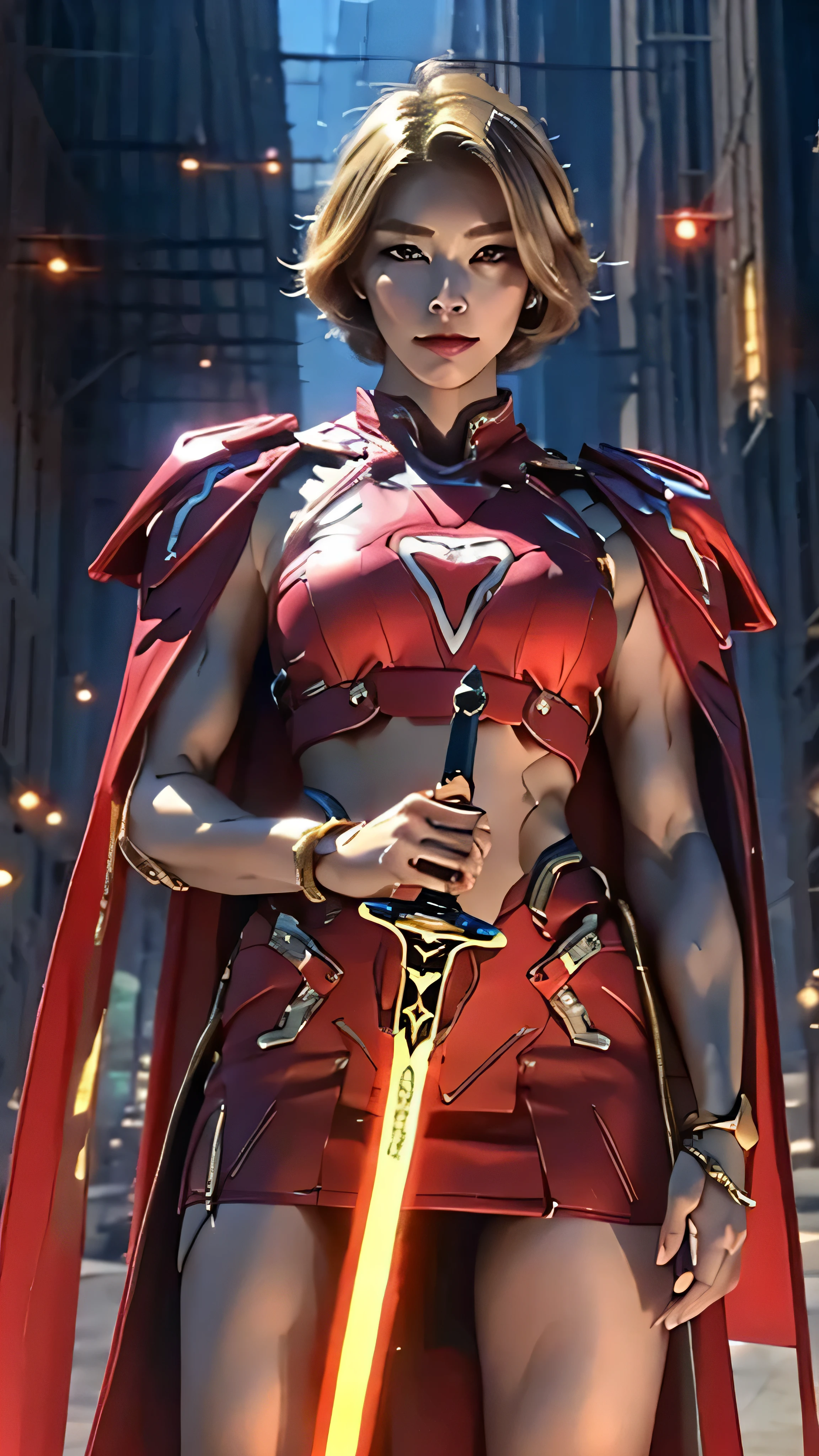 8K, Ultra Realistic CG K, Realistic:1.4, Skin Texture:1.4, Masterpiece:1.4, Beautiful woman in hero's costume standing in front of apocalyptic fire city posing behind, Female hero appears, holding shiny sword in hand, showing  muscle belly, red mini skirt , beautiful thin hands, cape Beautiful woman with short cut blonde hair