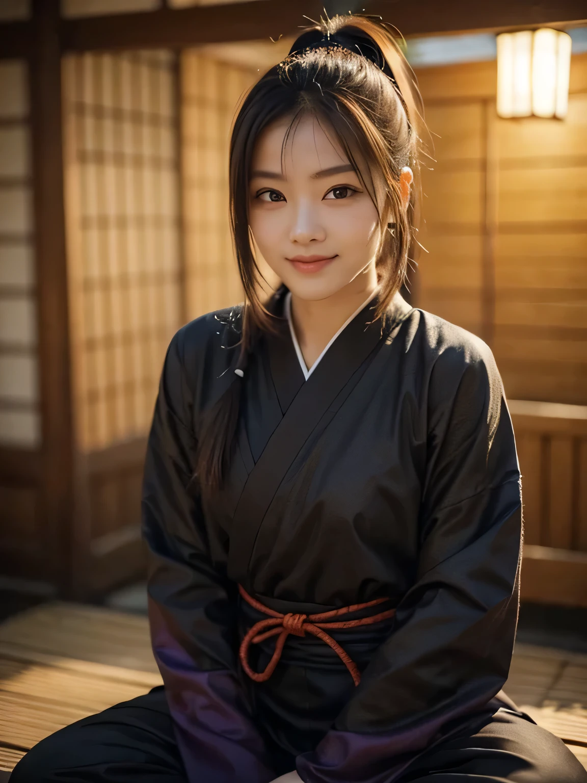 Black ninja costume, Japanese Clothing, Cross-legged, Holding a small sword, looking at the camera, Beautiful Japanese Women, Smiling face, Medium length hair ponytail