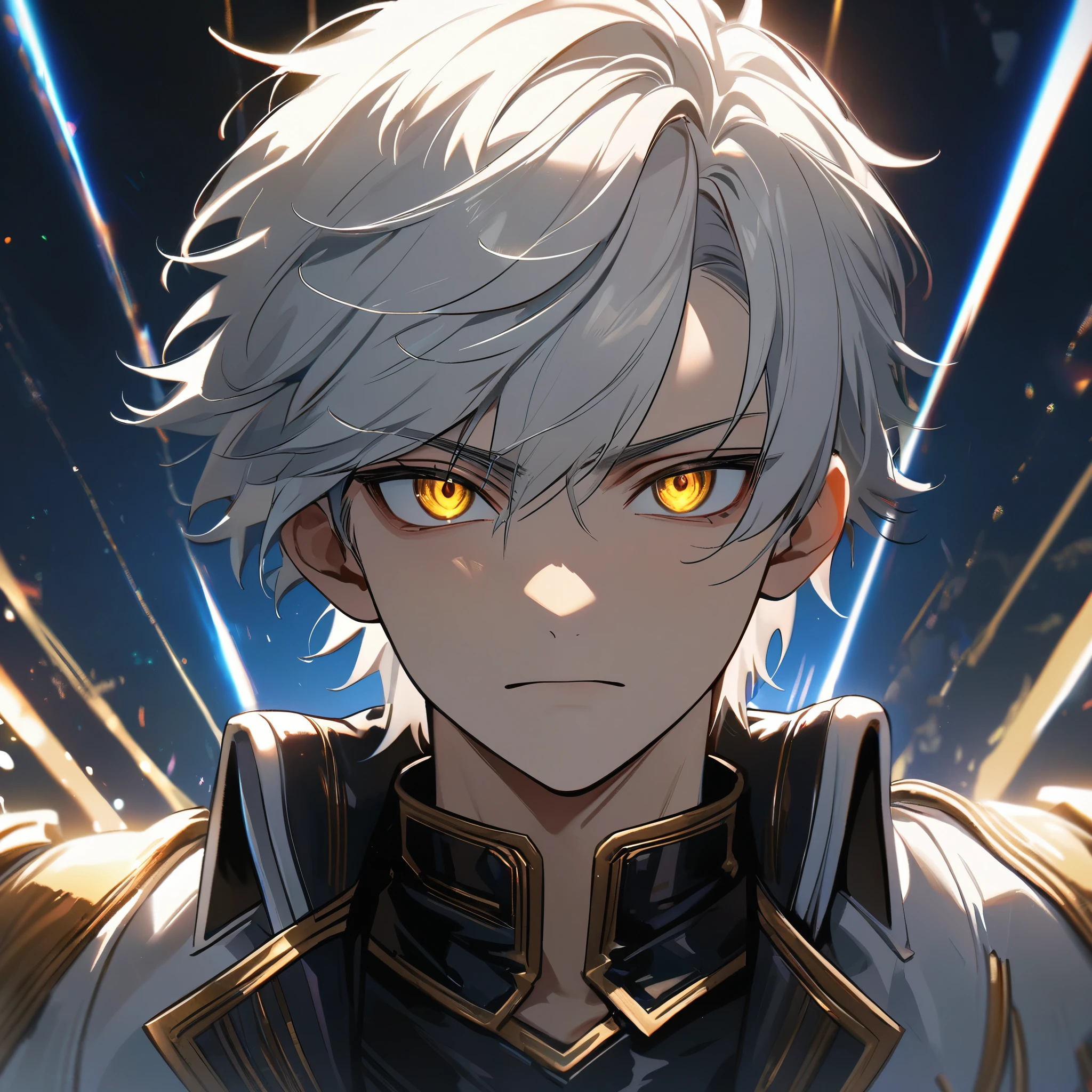 High quality, HD, 4k, handsome male, 1male, 17 years old, teenager, golden lining, short white hair, sharp eyes, gold eyes, devil may cry, close up, calm expression, stoic expression, black leather clothes, white leather clothing, upper body, looking at viewer, cowboy shot, white solar, shining background