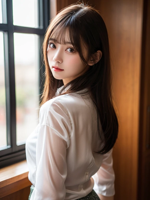 (8k, RAW photo, best quality, masterpiece, ultra detailed:1.2),(realistic, photo-realistic:1.4), upper body shot, (extremely cute Japanese idol,1.2), 20 years old, (detailed skin, detailed face: 1.2), sharp focus, SIGMA 85mm f/1.4., depth of field, blur background, bokeh, cinematic lighting, soft light, midnight, pale skin, brown eyes, naughty smile, seductive, kawaii, looking at viewer, long straight black hair, (see through formal shirt), (looking back:1.2), big ass, bed, big breasts