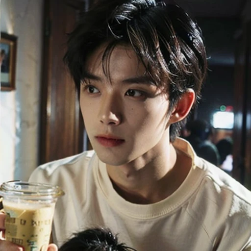 best quality, Ultra high resolution, (As a matter of fact:1.4), Masterpiece, Portela 400 line, blurred background ,black bedroom, (Face focus:1.3),1 boy ,white skin,loose sweater, put it in, looking at the audience , focus surface