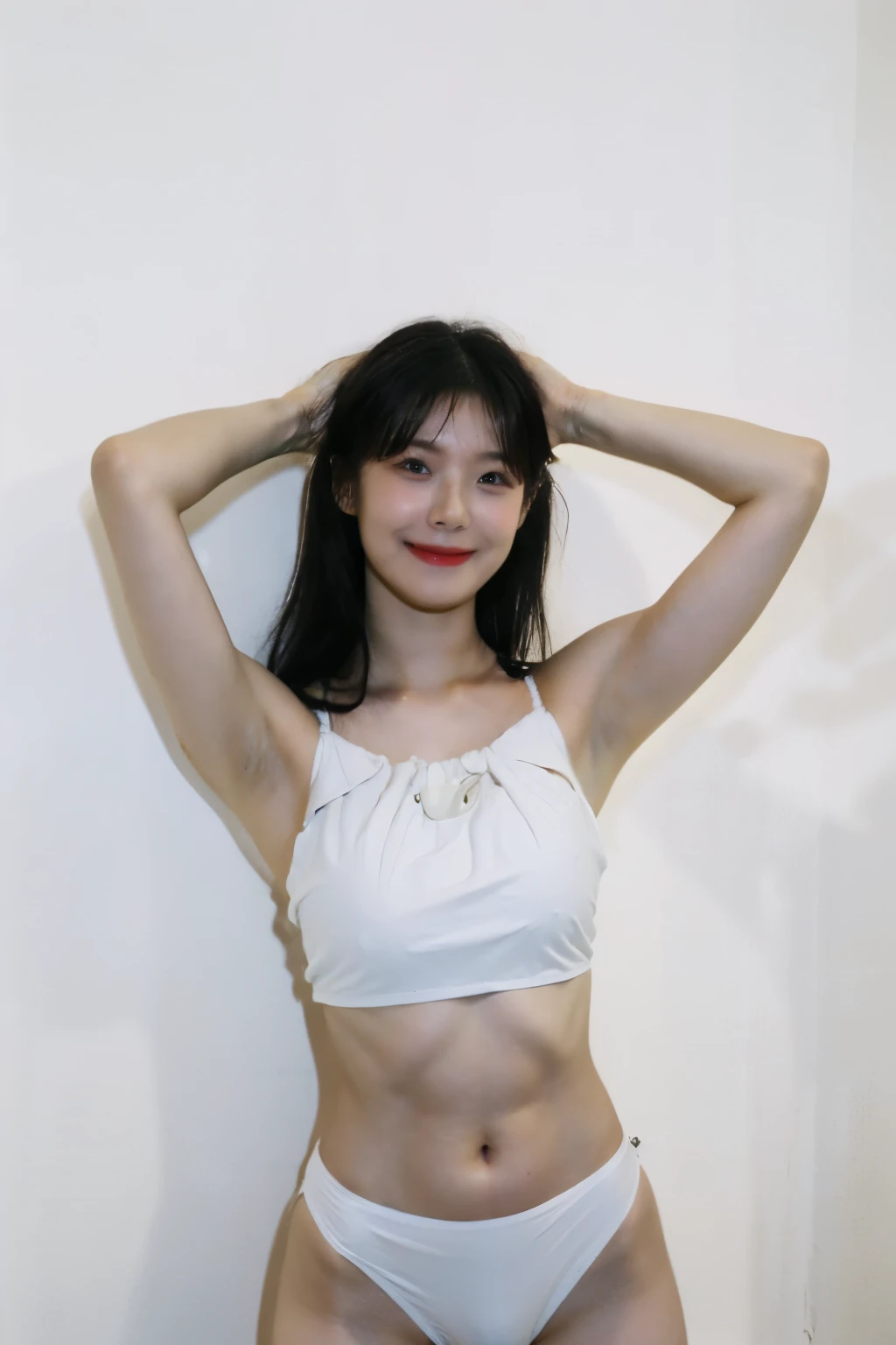 30 years old hong kong woman in white room, one piece swimsuit, try on haul, black straight hair, straight hair, instagram story photo, full body, showing off navel, showing off abs, show off armpits, detailed armpit,
