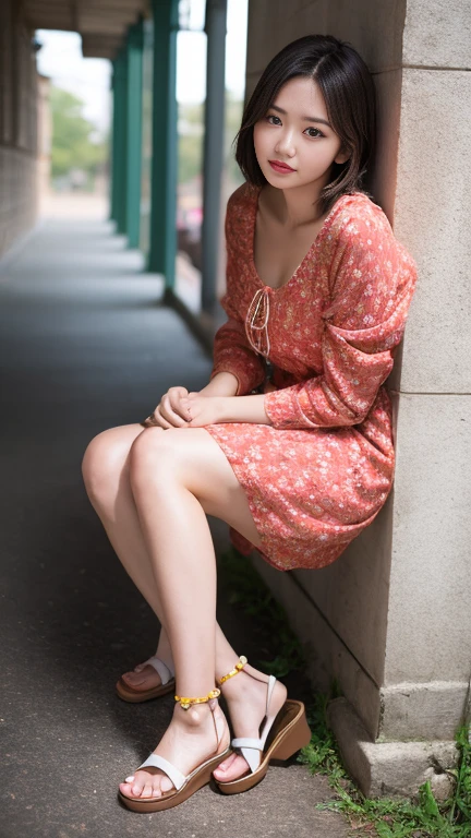 A girl named Nana, Short Hair, Brown Hair, 28 years old, ample bosom, Slender, Round face, drooping eyes, cheek bulge, uninterrupted viewpoint, Backlight Flare, f/2.2, 200mm, Olympus, UHD, retina, masterpiece, ccurate, anatomically correct, textured skin, super detail, high details, high quality, best quality, highres, 1080P, HD, 4K, 8k, casual outfit, sandals