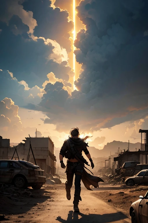 portada de novela, hombre de cabello negro corriendo de costado mientras extiende su brazo derecho al cielo para alcanzar una luz que brilla intensamente, tiene una mascara de gas en la cara, in the background a post-apocalyptic landscape full of destroyed buildings, esta atardeciendo y esta en un desierto