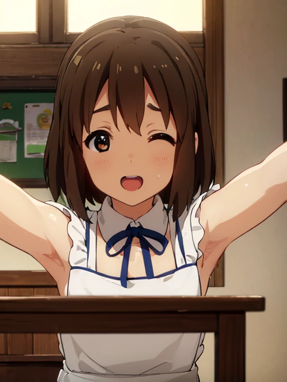 1girl, (((masterpiece))), top-quality, top-quality, High Details, Hirasawa Yui, 1girl, two yellow hairpin, short hair, A brown-haired, brown-eyed, solo, maid cafe clothes, bikini, maid cafe uniform, full body, full image, rainy weather, illustratio, comic strip, soothing tones, Subdued Color, Soft cinematic light, adobe lightroom, photolab, HDR, intricately and hyper-detailed、(((depth of fields))))。(((masterpiece)))。(((top-quality))).)((ultra-detailliert)))。(((illustratio)))。(((takeout))).dynamic focus.big breasts.(((Kitchen))).(((A home kitchen with dining table))).(((Face of happiness))). open mouth.(((put hands on the hip))).(((up chest))).((afternoon glow)).((the setting sun)).