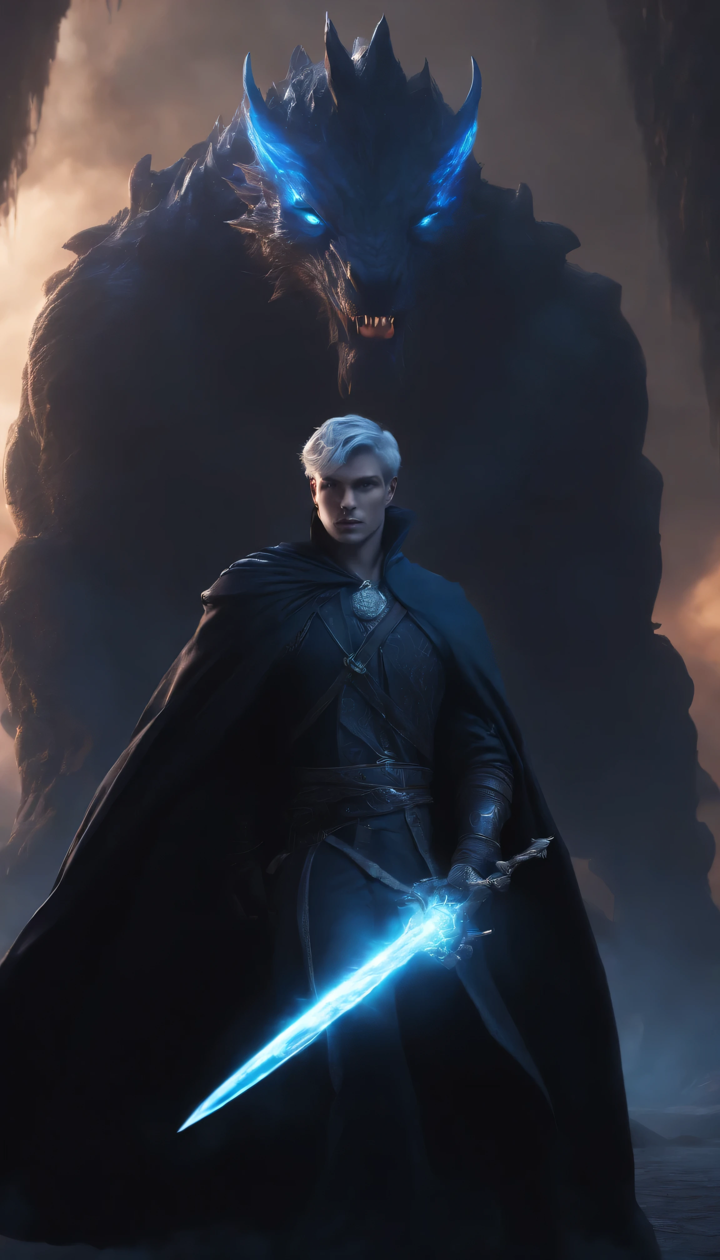 8k, a young male wizard with black clothes with grey short hair with blue aura from his hand, facing a giant tall monster with invisibility in the background
