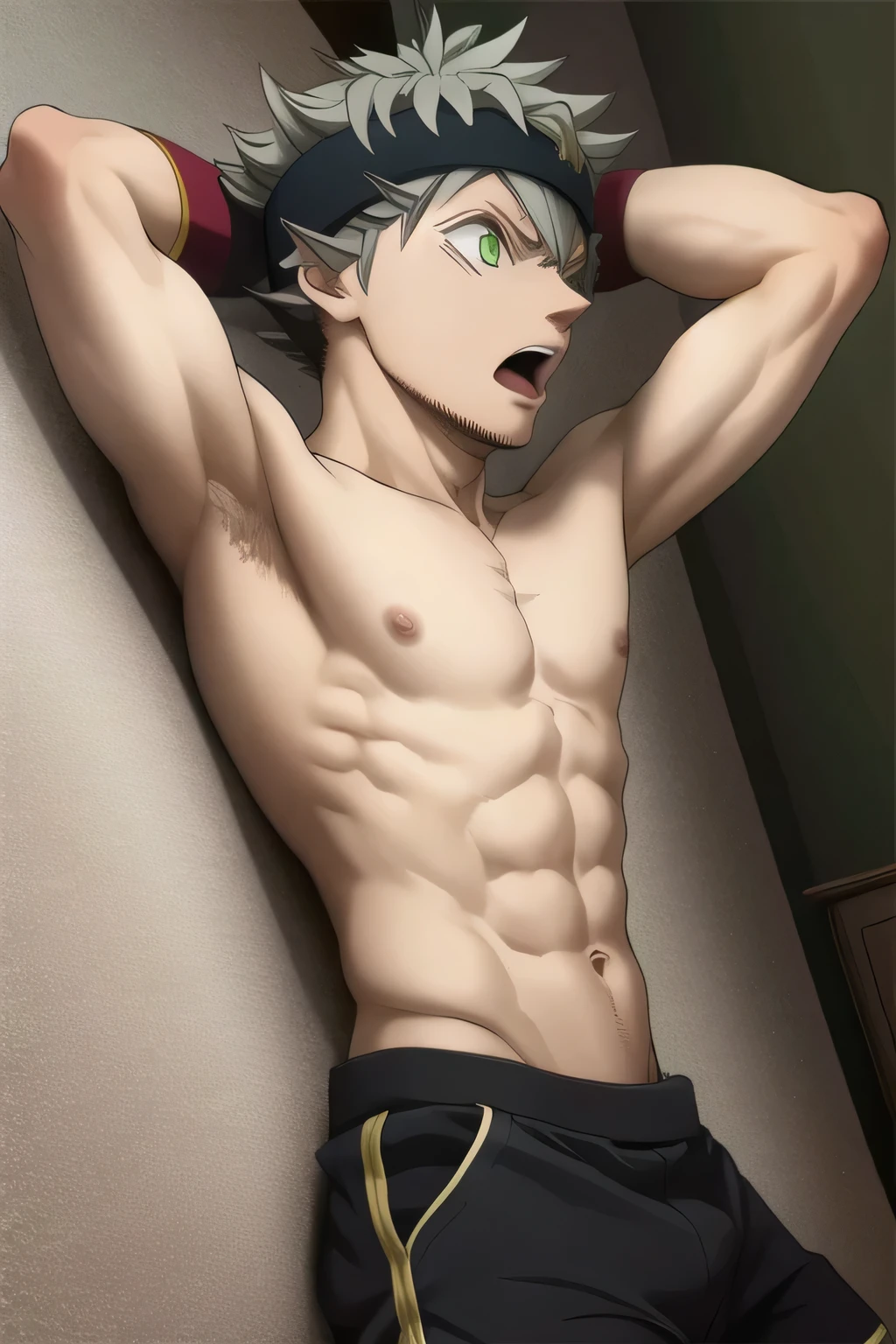 masterpiece, best quality, high quality, 1boy, solo, male focus, shirtless, asta, green eyes, black headband, mouth open, grey hair, spike hair, lay on bed, hand behind head, side view, waist.
