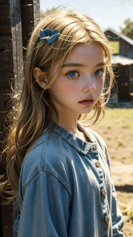 9 years old girl who lived in a farm, she has blonde hair and blue eyes