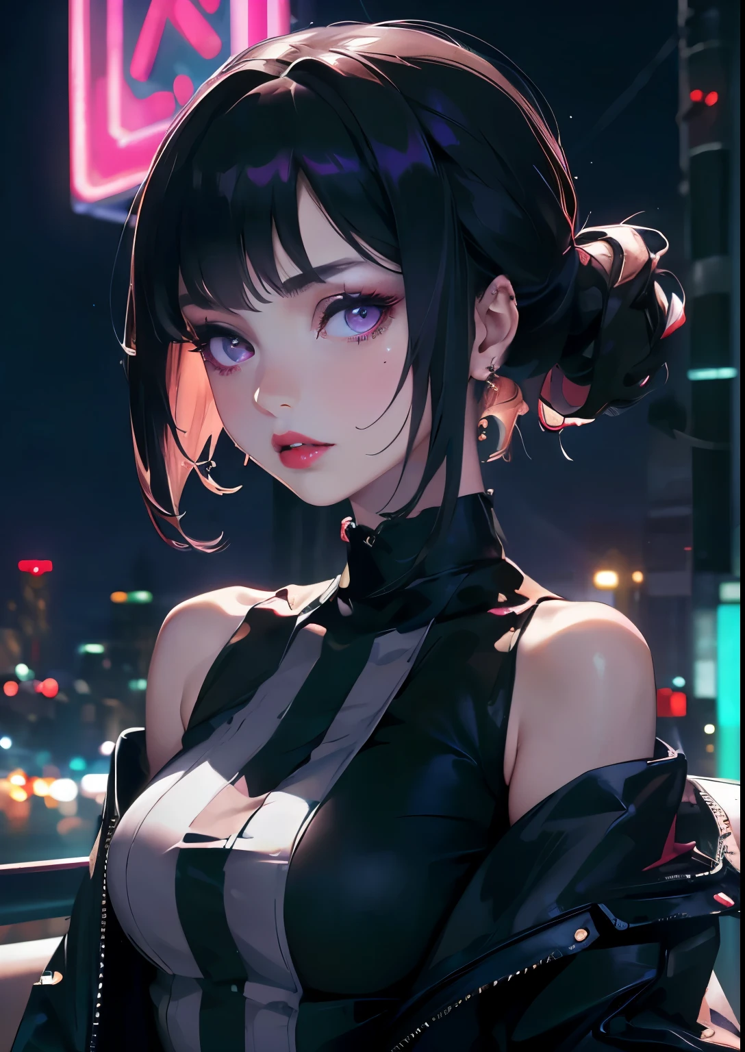 ((masterpiece,hight resolution,8K picture quality,top-quality)),1girl in,((extra detailed face)),a 20 yo woman,Sateen,Delicate eyes,Purple eyes,((hairstyle on:buzzcut)),A dark-haired,Dramatic makeup,profile,Large piercings,Cool Face,((smooth lips,red lipsticks,Attractive lip)),Natural complexion,Super delicate CG unity,black knit mock sleeveless,put on a white jacket,A sexy,double tooth,((Night city,buliding,Neon light)),