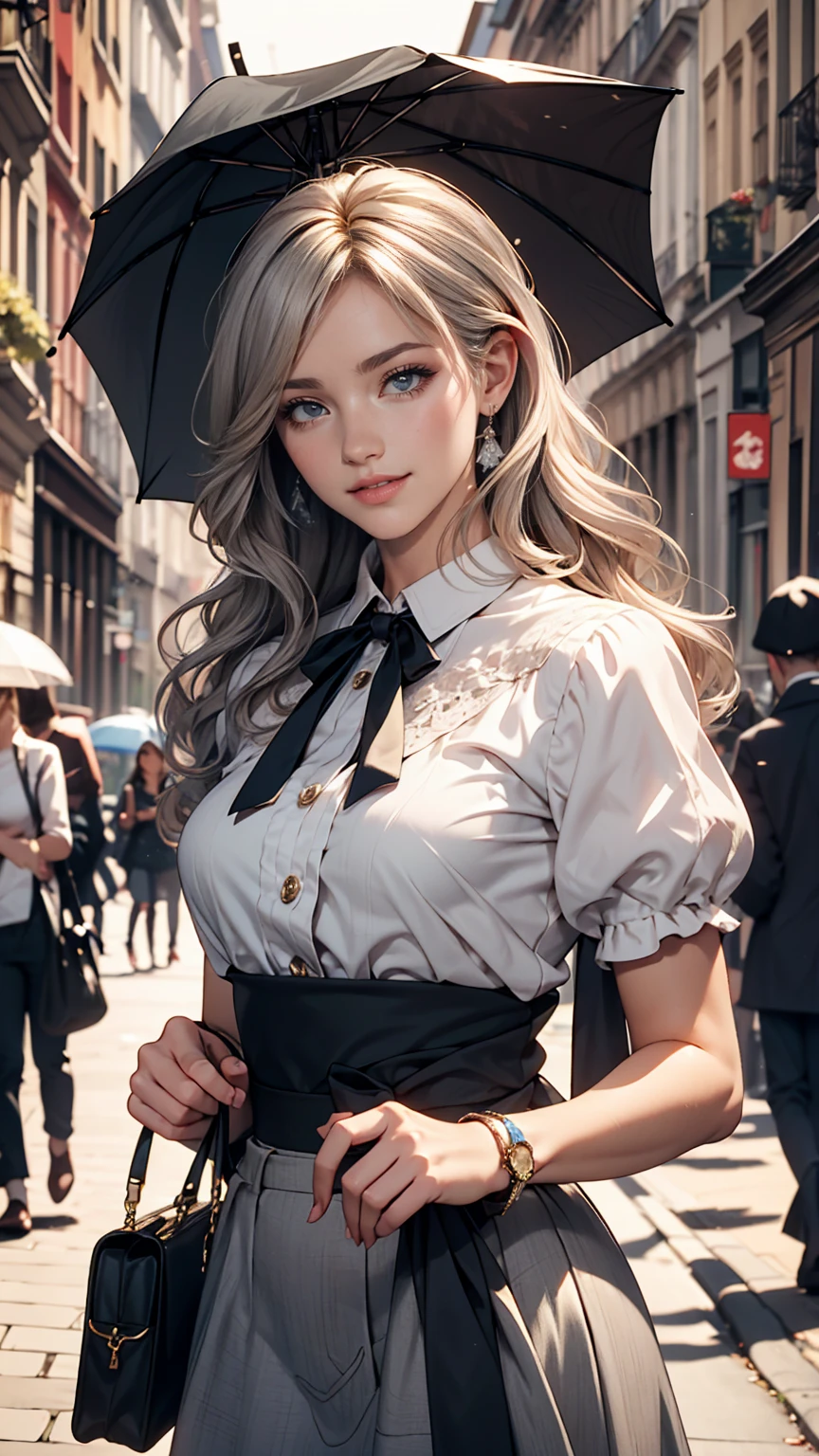Fantan･Latour 、The Batignolles Atelier、Prill umbrella skirt、White woman in high-neck ribbon blouse、Silver Hair、blue eyes、Wavy hair、Smile
