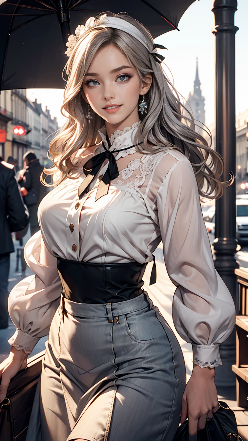 Fantan･Latour 、The Batignolles Atelier、Prill umbrella skirt、White woman in high-neck ribbon blouse、Silver Hair、blue eyes、Wavy hair、Smile