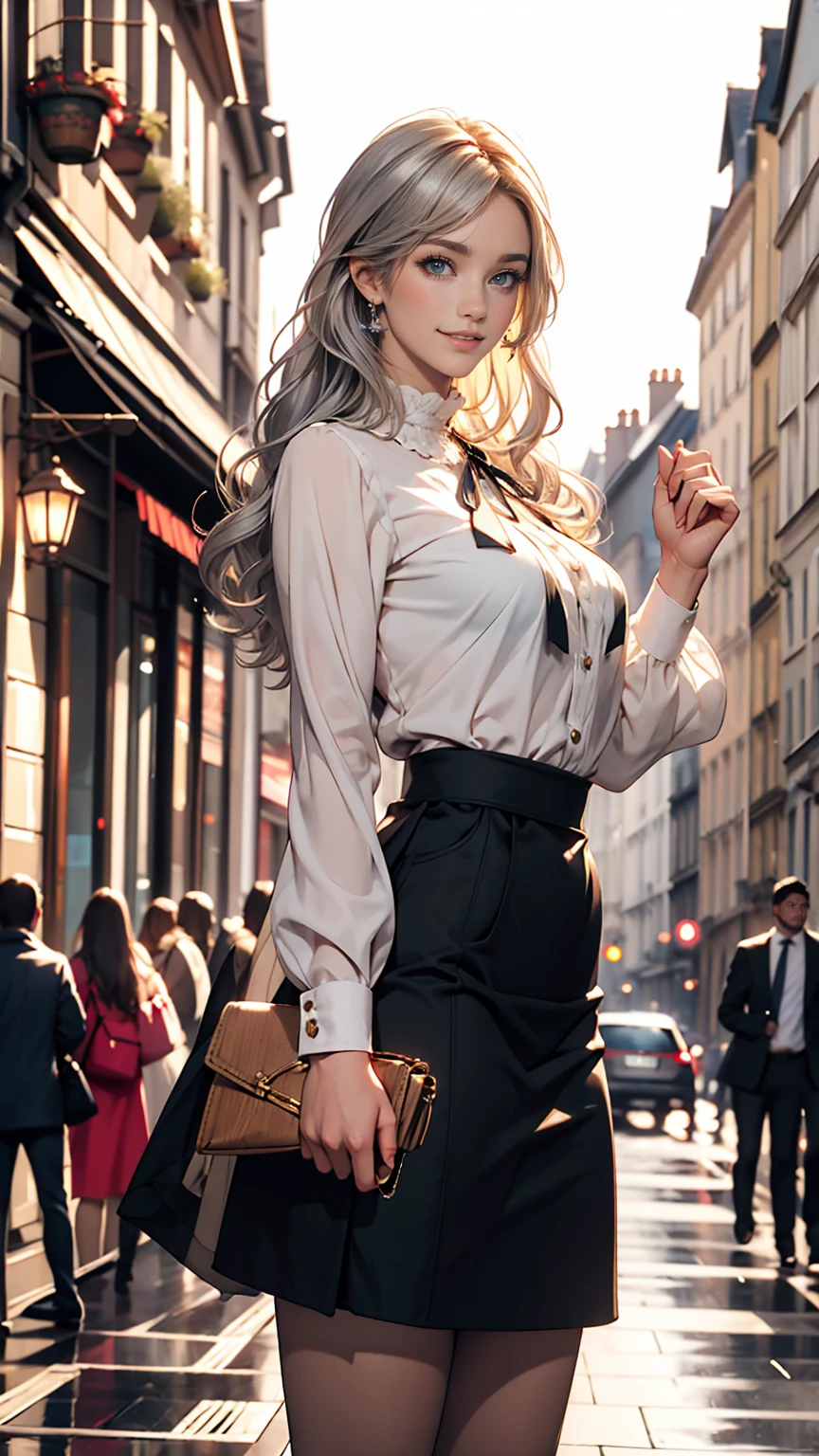 Fantan・Latour 、The Batignolles Atelier、Prill umbrella skirt、White woman in high-neck ribbon blouse、Silver Hair、blue eyes、Wavy hair、Smile