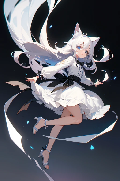 cute、Blue Eyes、Wink、Whiteのワンピース、Wolf Ears(White)、Gray Hair、Full of energy、Her hair is down to her waist and is not tied up.、Long hair、Not tied、Black ribbon attached to the waist、Full body image、Masterpiece、Light grey shoes、Shoes Sandals、The shoes are like high heels with laces that reach down to the knees.、Anime characters、The background is a flower field、cute、smile、Wearing a corolla、Shy、smile
