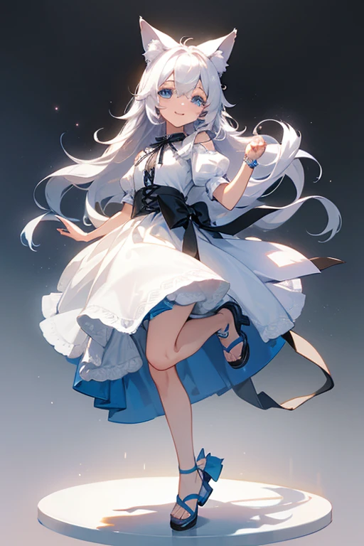 cute、Blue Eyes、Wink、Whiteのワンピース、Wolf Ears(White)、Gray Hair、Full of energy、Her hair is down to her waist and is not tied up.、Long hair、Not tied、Black ribbon attached to the waist、Full body image、Masterpiece、Light grey shoes、Shoes Sandals、The shoes are like high heels with laces that reach down to the knees.、Anime characters、The background is a flower field、cute、smile、Wearing a corolla、Shy、smile