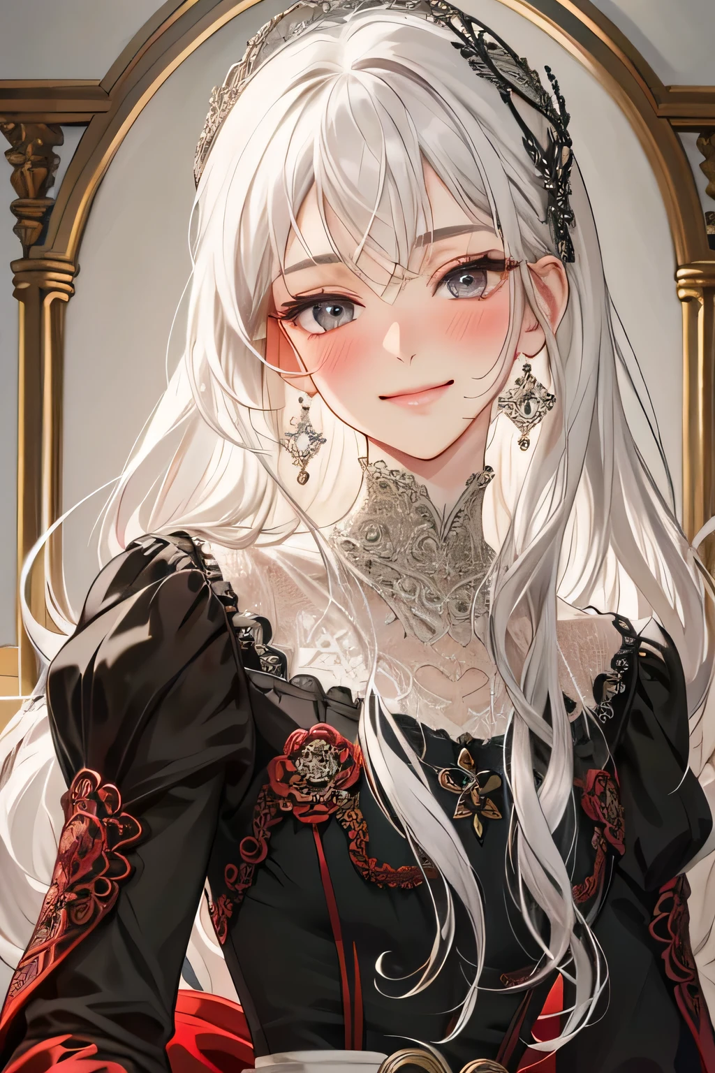 (extreamly delicate and beautiful:1.2), 8K,(masterpiece:1.0),(best_quality:1.0), 1 girl, and intricate detailing, Enlarged textures, and intricate detailing, finely eye and detailed face, and intricate detailing, shiraga, platinum white long hair, (smirk mouths), Perfect eyes, Equal eyes, black eyes (A famale god) classic red dress modern, look at camera, look 50 years old, blush